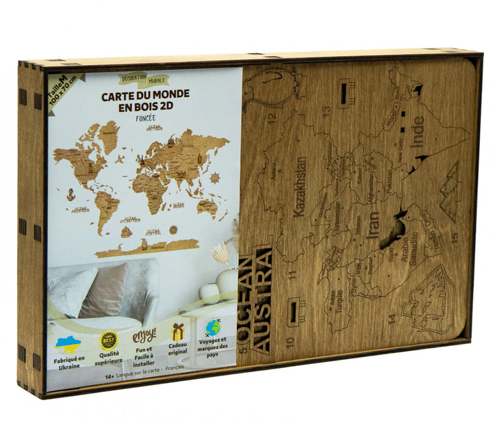 2D Holz-Weltkarte - Dunkel, L-Größe (150*100 cm)