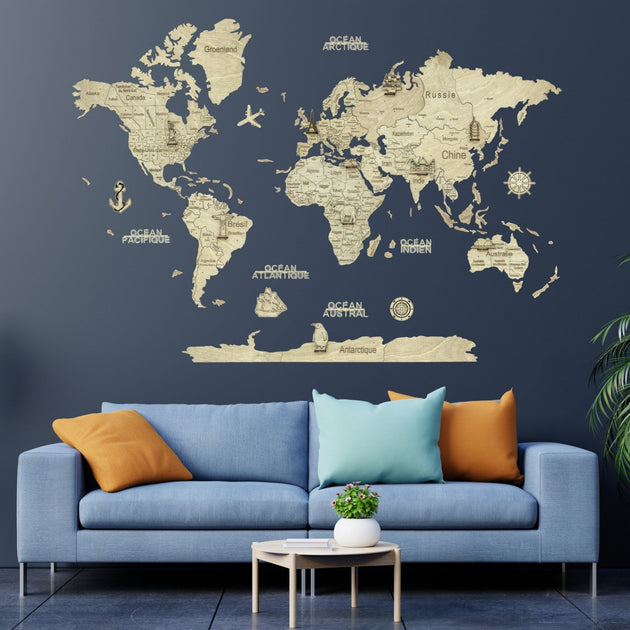 2D Holz-Weltkarte - Light, S-Größe (80*55 cm)